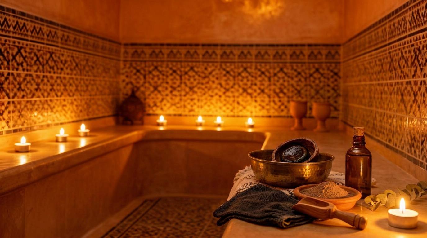 Traditional Berber hammam products inside Berber Spa House in Tamraght, Morocco