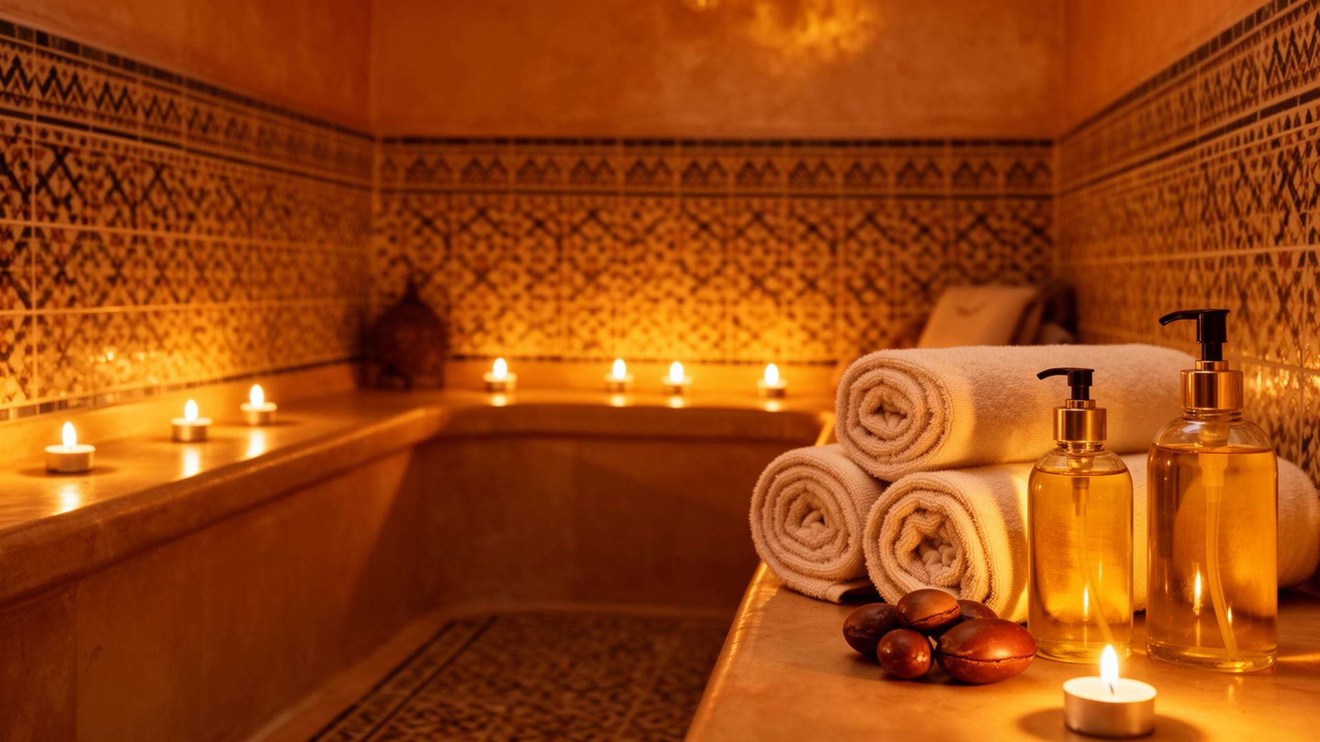 Warm spa interior with candles and soft light