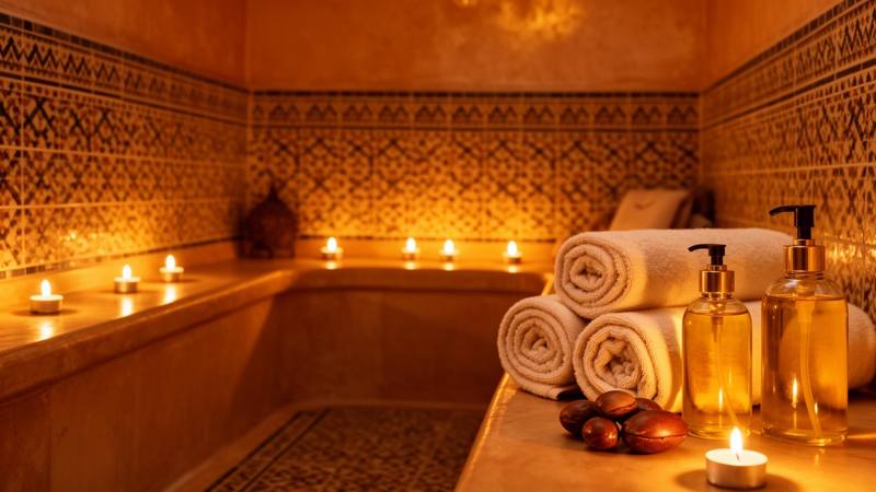 Warm spa interior with candles and soft light