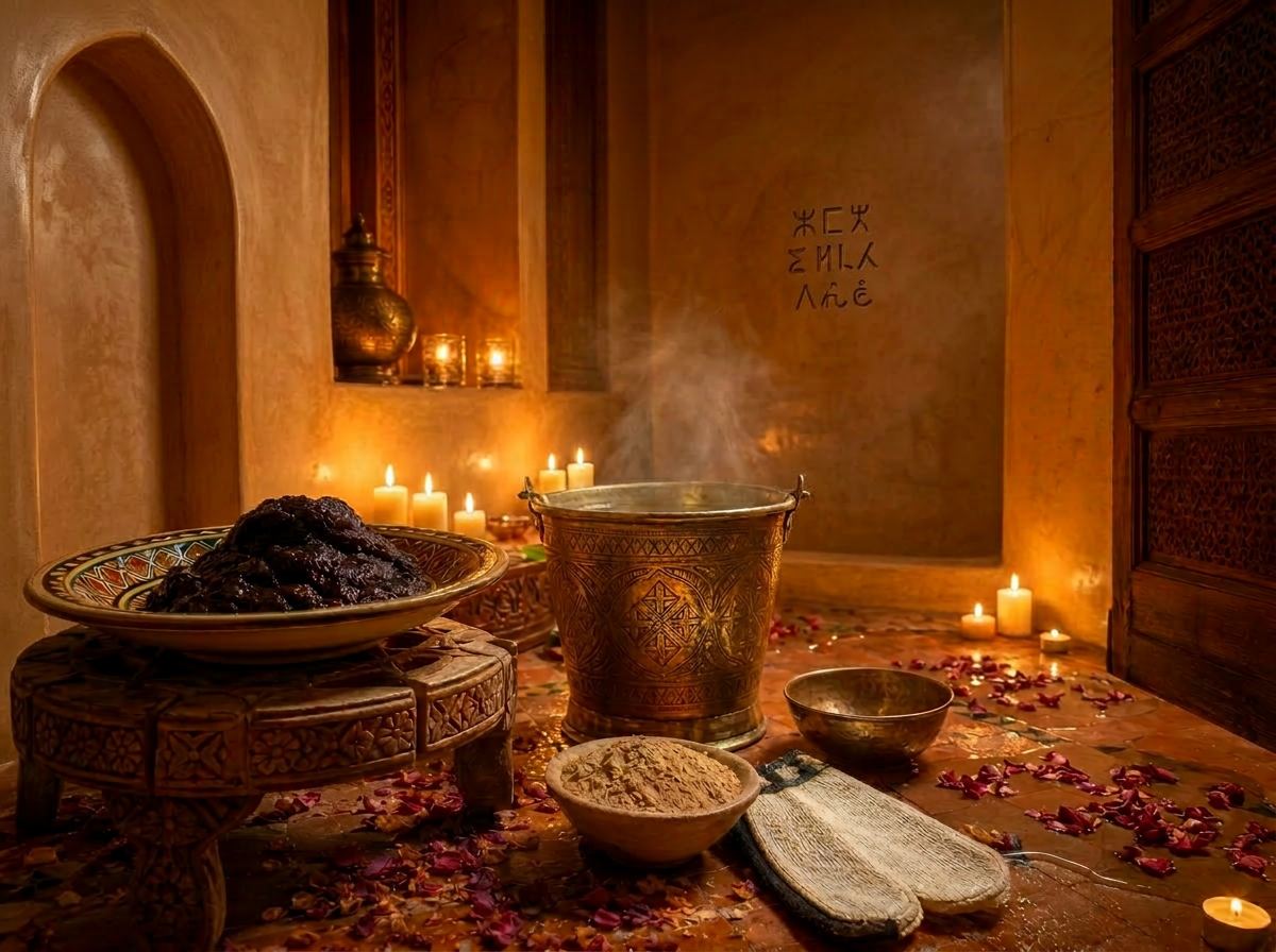 Candlelit hammam room with warm stone and brass bowls