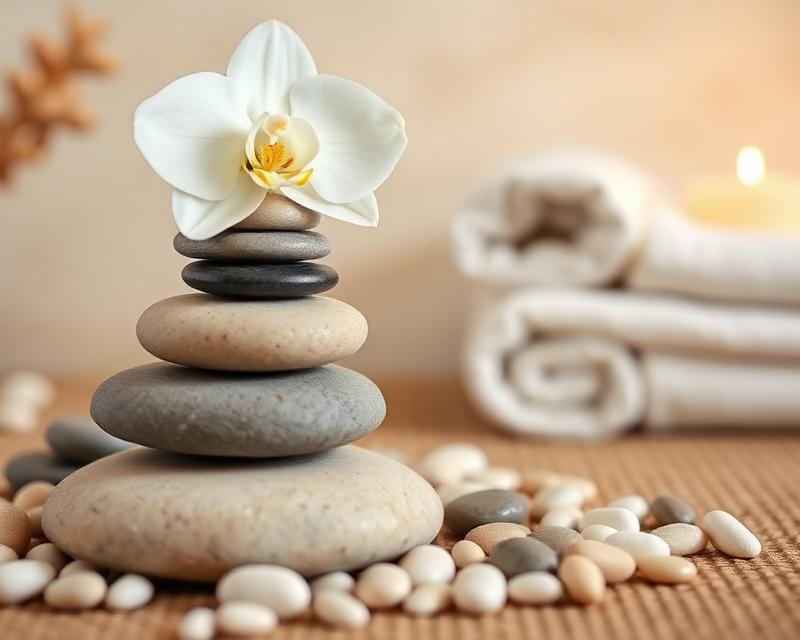 Massage bed prepared with folded towels and a candle